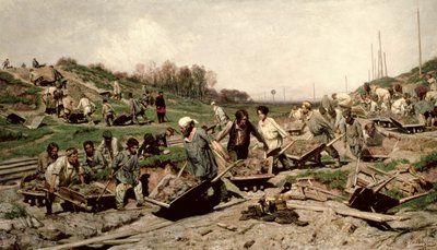 Het repareren van de spoorweg, 1874 door Konstantin Apollonovich Savitsky